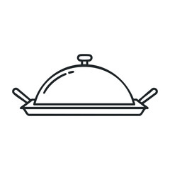 Elegant dome-covered food platter line drawing with handles - minimalist kitchenware design. Vector illustration