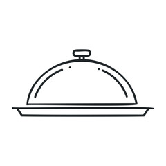 Outline drawing of a covered serving platter with dome lid in minimalist black and white design. Vector illustration