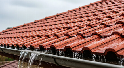 Naklejka premium Rain Falling on a Red Tiled Roof