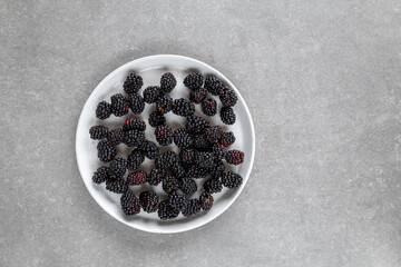 fresh blackberries on white plate, top view