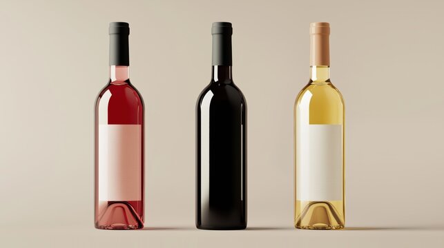 Wine bottle design, three bottles of wine, from left to right, one bottle of red wine, one bottle of rose wine and one bottle of white wine .mockup