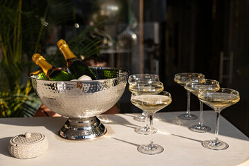 A Glamorous Display of Sparkling Wine Bottles and Elegant Champagne Coupes on a Marble Table Surrounded by Lush Greenery in a Sophisticated Setting