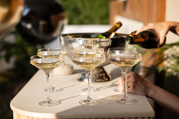 Celebratory Champagne Toast with Elegant Coupe Glasses and an Iced Bowl Full of Bubbly Delight Surrounded by Lush Greenery