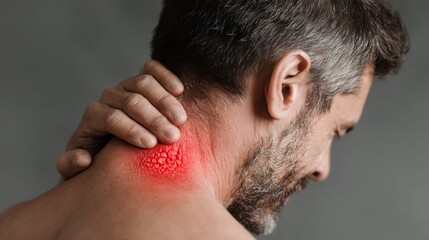 A man is visibly struggling with neck pain, holding the affected area with one hand. The lighting suggests it's evening, highlighting the tension he feels.