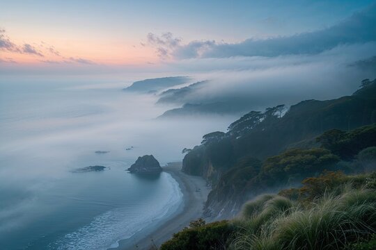 Misty Dawn Coastal Landscape A Stunning Panorama of Peaceful Beauty