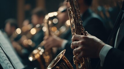 Obraz premium Musicians performing with saxophones in an orchestra during a live concert