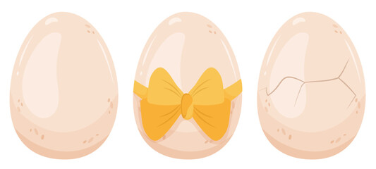 Light chicken egg in different variations. Boiled, broken shell, tied with ribbon with bow. Vector isolated symbol of birth, motherhood and new beginnings. Boiled egg, crack on the shell, surprise