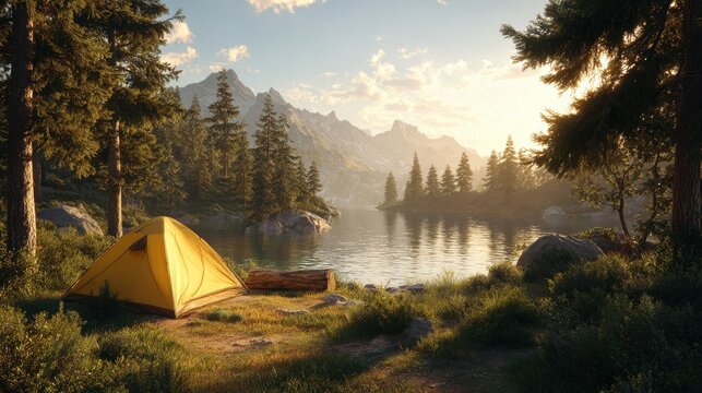 scenic lakeside camping spot with yellow tent at sunset