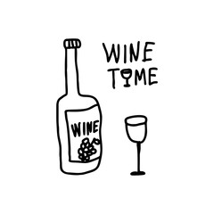 Wine bottle and glass with “Wine Time” lettering in playful hand drawn doodle style on transparent background, black vector sketch for party invitations, bar menus, and lifestyle content
