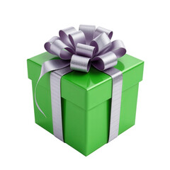 Vibrant Green Gift Box with Silver Bow on Transparent background