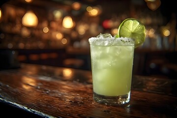 National Tequila Day. Refreshing margarita with lime and salted rim on rustic bar, vibrant tequila drink with ice, perfect for summer, parties, ads, and creative designs.