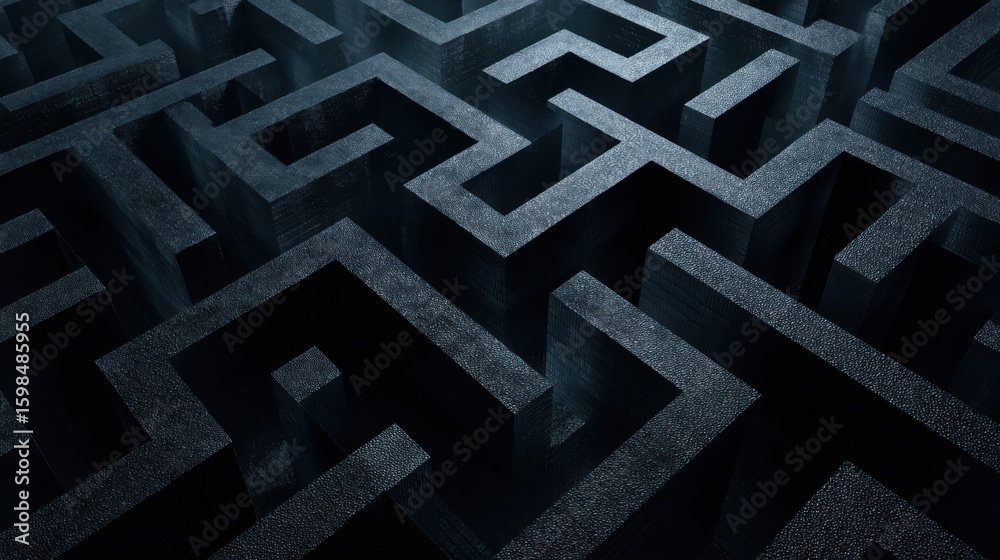 Poster a labyrinth of geometric patterns features dark walls and openings, forming a complex maze that chal
