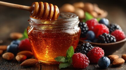 A jar of golden honey rests on wood, surrounded by vibrant raspberries, blackberries, and blueberries, with scattered almonds, creating an atmosphere of natural sweetness and freshness.