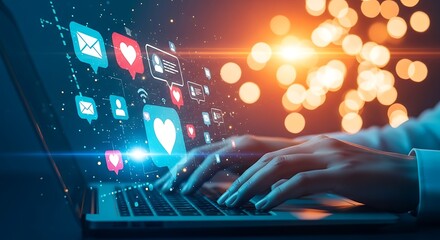 Hands Typing on Laptop Keyboard with Social Media Icons and Digital Connections Concept.