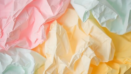 Pastel Paper Texture, Close-up of Delicate Crinkled Sheets in Pink, Yellow, and Light Green , Softly Colored Crumpled Paper Background in a Warm, Bright Palette