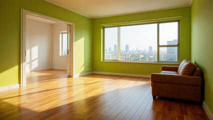 Fototapeta premium Bright empty room with green walls and city view through window