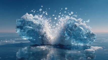 Massive icebergs collide in the Arctic Ocean, sending shards of ice into the air. The bright blue ice contrasts with the tranquil water and clear sky, highlighting the beauty of nature.