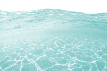 A tranquil underwater scene depicting clear turquoise liquid with sunlight casting beautiful caustic reflections on the seabed below a gently rippling surface.