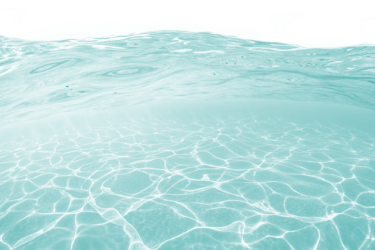 A tranquil underwater scene depicting clear turquoise liquid with sunlight casting beautiful caustic reflections on the seabed below a gently rippling surface.