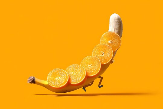 Banana decorated with orange slices walking on an orange surface creative food composition