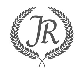 Initial letter J and R, JR monogram logo design with laurel wreath. Luxury calligraphy font.