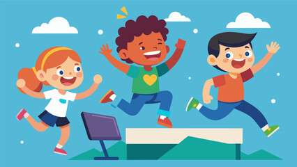 A group of kids enthusiastically jump and dodge their way through a virtual obstacle course laughing and cheering as they beat each others scores.. Vector illustration