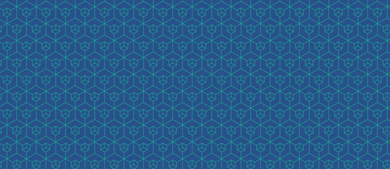 Abstract geometric pattern, seamless texture of interconnected cubes in teal on a deep blue background.