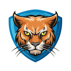 Obraz premium Feline Mascot Emblem Illustration Fierce Wildcat on Blue Shield