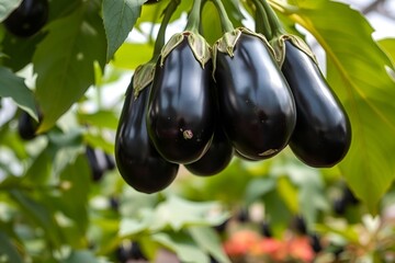 Photorealistic Eggplant Cluster on Vine in Greenhouse with Lush Foliage and Natural Light