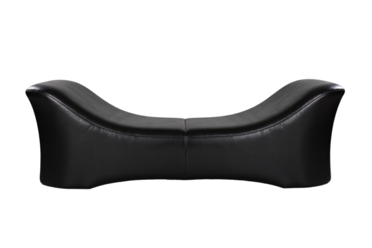 modern and sensual black leather "tantra" bench featuring a unique, ergonomic curved design for yoga or couples' relaxation. This sleek and minimalist piece of furniture is isolated