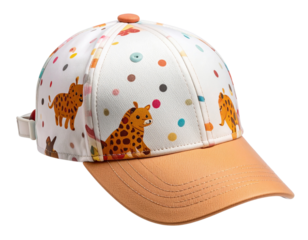 Colorful Kids’ Cartoon Cap with Animal Print, isolated on a transparent background.