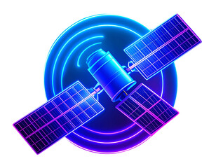  Glowing Neon Satellite Icon with Signal Waves, isolated on a transparent background.