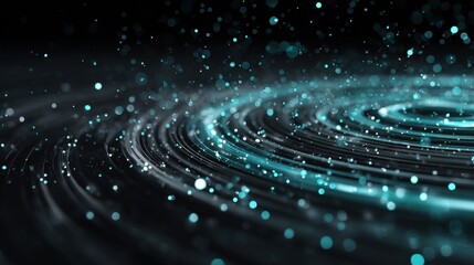 A collection of vibrant particles floats above a dark surface, forming concentric ripples. Soft blue and green highlights create a stunning visual effect, suggesting movement and energy.