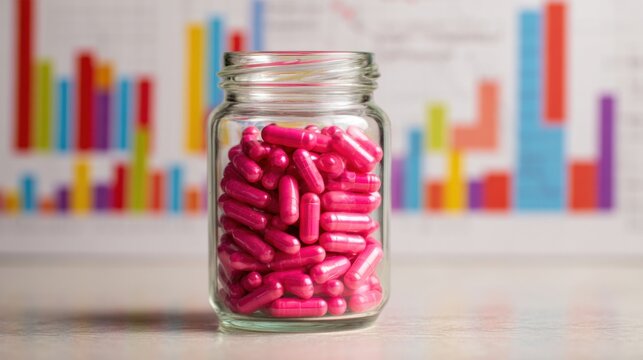 A glass jar filled with bright pink capsules sits on a table, showcasing health supplements or medication. Colorful bar graphs are visible in the background, indicating data analysis. - Powered by Adobe