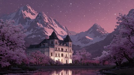 A majestic castle nestled amongst snowy mountains and blossoming trees at twilight.