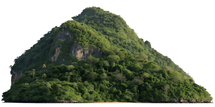 Lush green tropical mountain peak isolated on transparent background