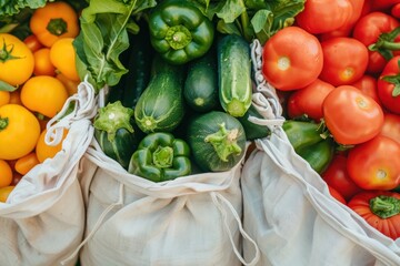 Fresh vegetables in reusable bags from the farmers market