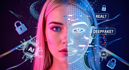 One Side of Young Woman&rsquo;s Face is Real, Other is Digital Wireframe Mask, Collage with "Deepfake" Text Overlays