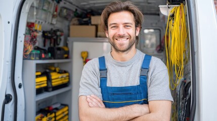 A confident electrician smiles while posing in his service van filled with various tools and equipment. The organized interior suggests readiness for any repair task.