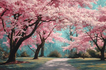 Fototapeta premium Serene spring landscape with blossoming cherry trees, pathway, and soft light creating a tranquil natural scene.