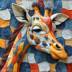 Textured Mosaic Giraffe Head in Abstract Orange and Blue