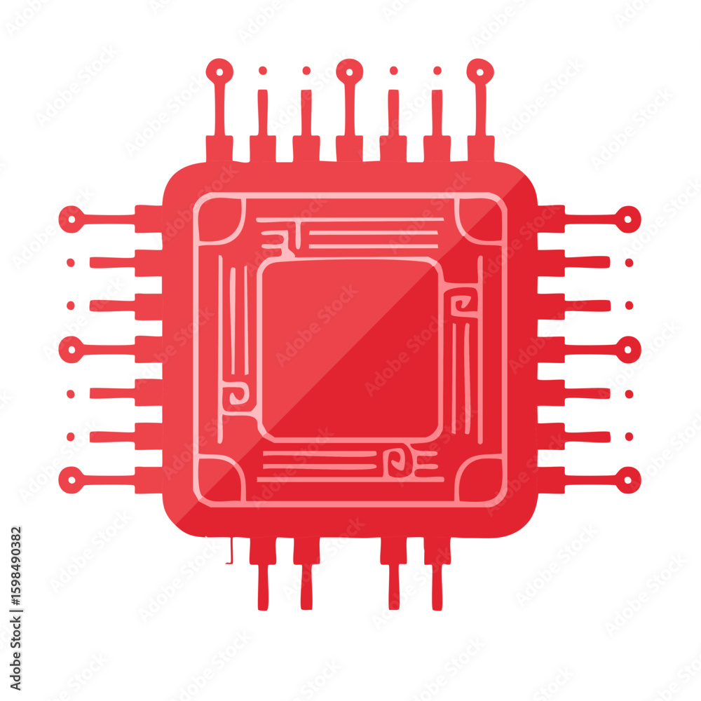 Aufkleber red cpu microchip vector: modern computer processor technology schematic diagram