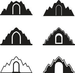 Black Temple Door Icon with Geometric Mountain Silhouette – Vector Religious Symbol Design