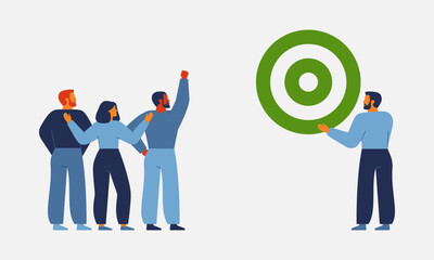 Leader sets strategy goal for the team. Employees and business target or objective to achieve. Leadership and partnership in the company. Vector illustration