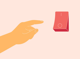 Hand pushing off big red button. Person want to deactivate switch. Mental health concept of breaking toxic relationships, relieving emotional pressure, solving problems. vector illustration