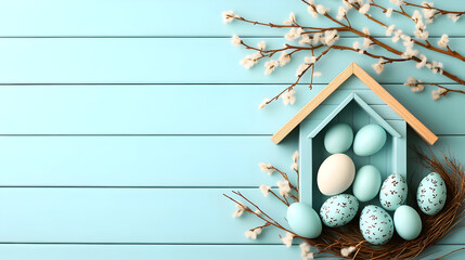 Pastel Easter Eggs in Birdhouse Illustration