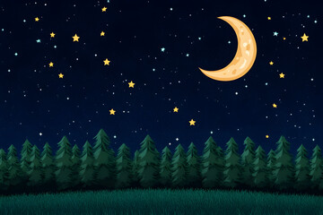 Night Forest Illustration: Crescent Moon and Stars