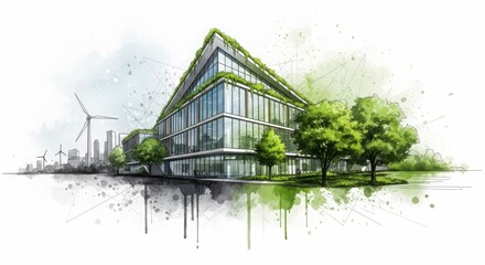 Modern green building design with sustainable cityscape and wind turbines