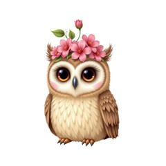 Cute Cartoon Owl with Floral Crown and Cheerful Expression