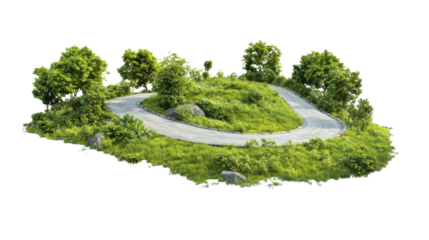 a winding curvy road with lush greenery on white background 